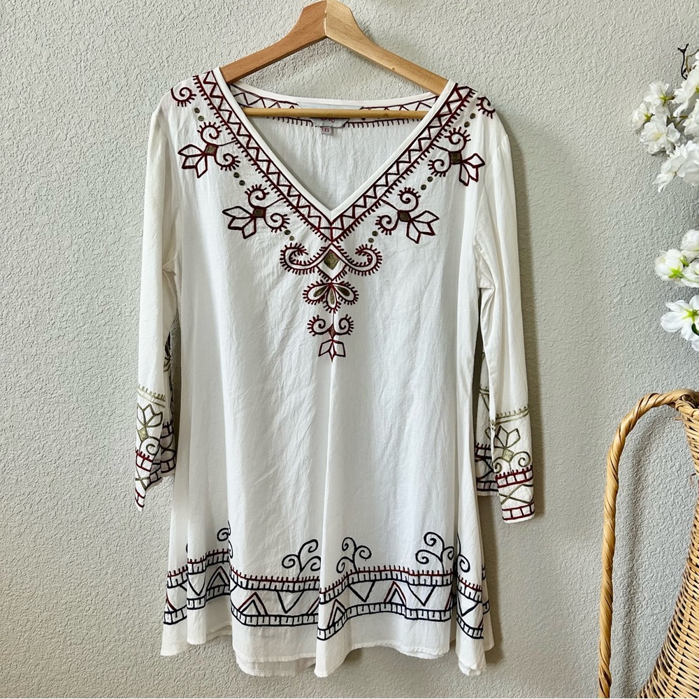 NEW Roja White Cotton Embroidered Tunic Size XS Long Sleeve Western